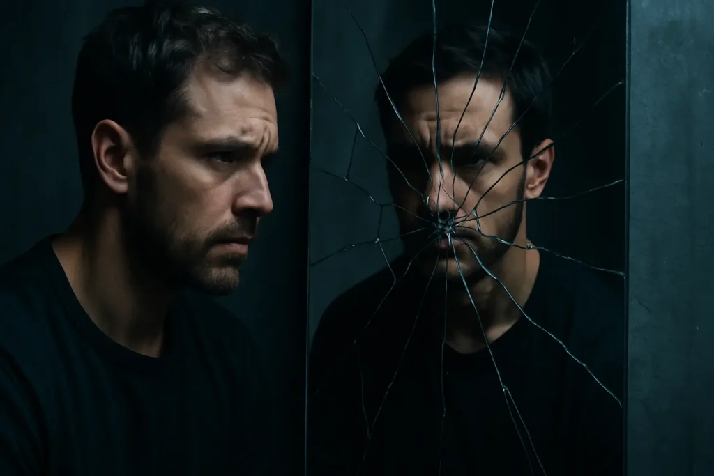 emotional mastery. A man stares into a cracked mirror, his reflection fragmented into distorted pieces, symbolizing emotional triggers and inner conflict.
