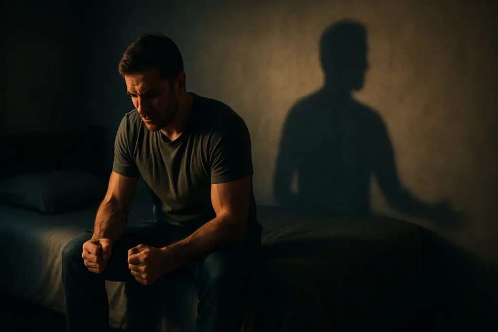 emotional mastery. A man sits on the edge of a bed with clenched fists, his shadow showing a calm posture on the wall, symbolizing suppression versus mastery
