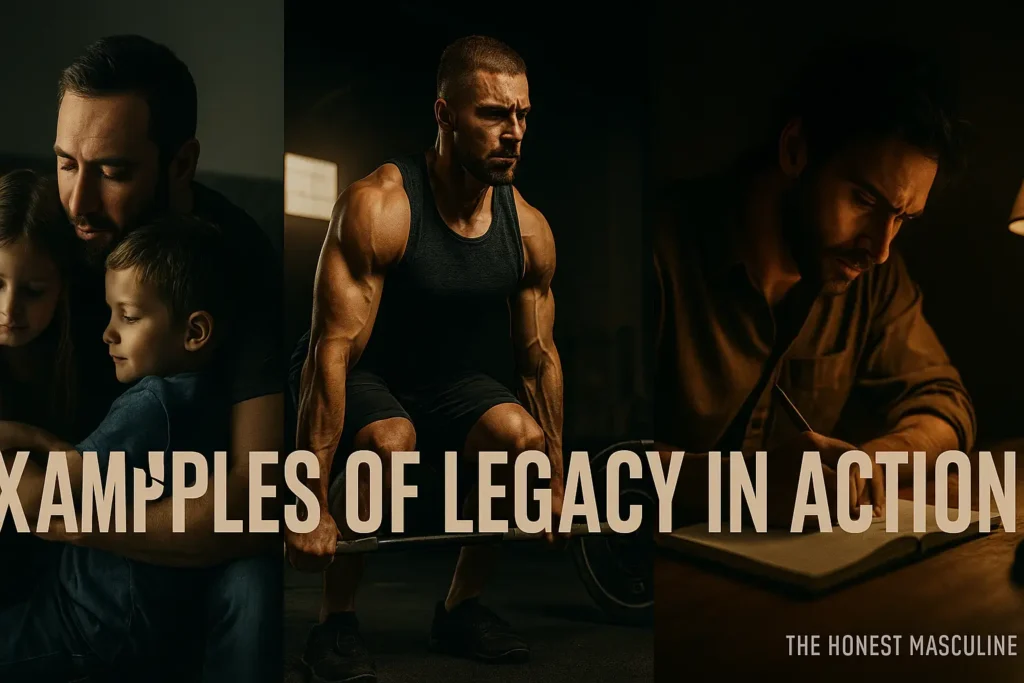 Examples of Legacy in Action — montage of a father with children, a man training, and a writer at a desk, symbolizing different ways men build legacy.