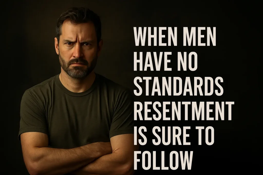 A rugged man crosses his arms with a stern expression beside bold text, symbolizing why men fear raising their standards.