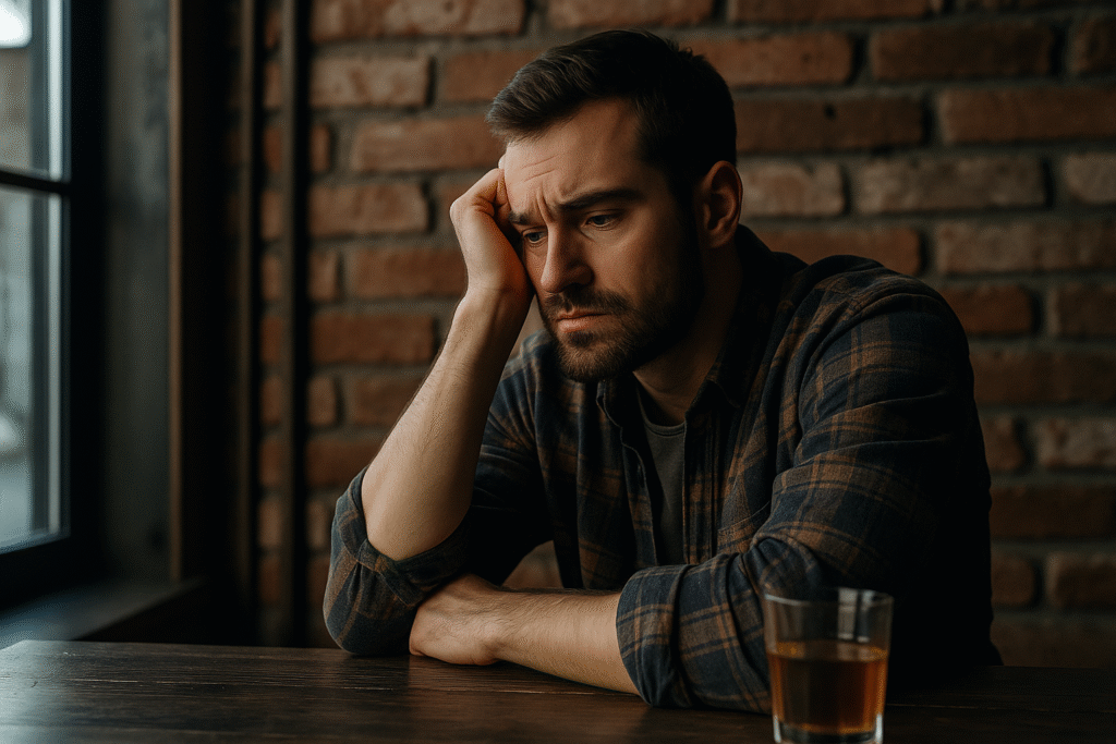 A man sits alone at a bar with a drink, head resting on his hand, symbolizing the fragility of external value and identity collapse. What Makes a Man Valuable?