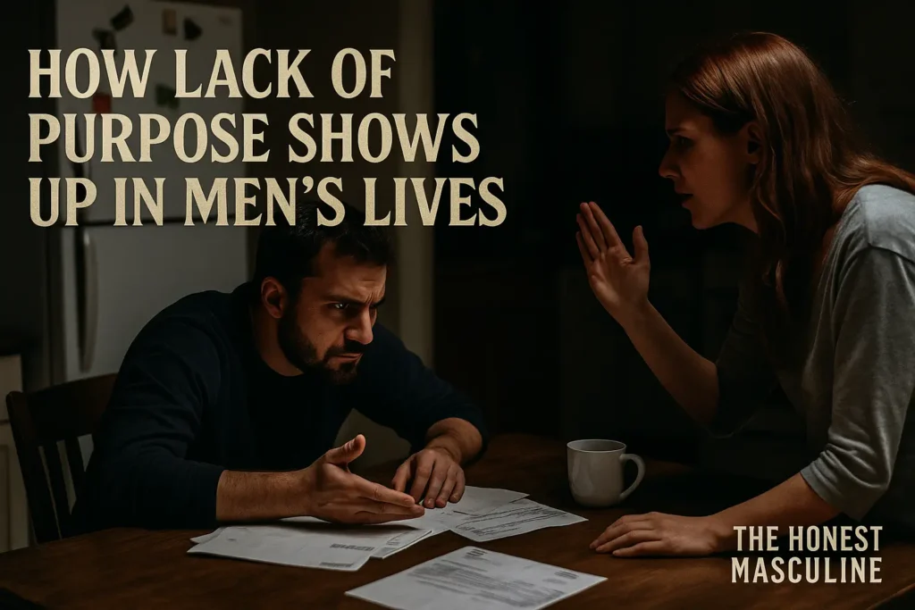 How Lack of Purpose Shows Up in Men’s Lives — a man and woman in conflict over bills, symbolizing insecurity and chaos when men lack purpose.