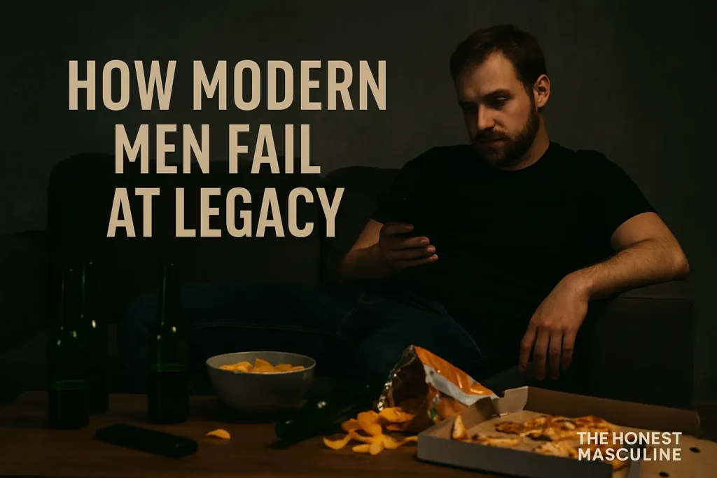 How Modern Men Fail at Legacy — a man slouched on a couch surrounded by junk food, empty bottles, and his glowing phone, symbolizing wasted time and distraction.