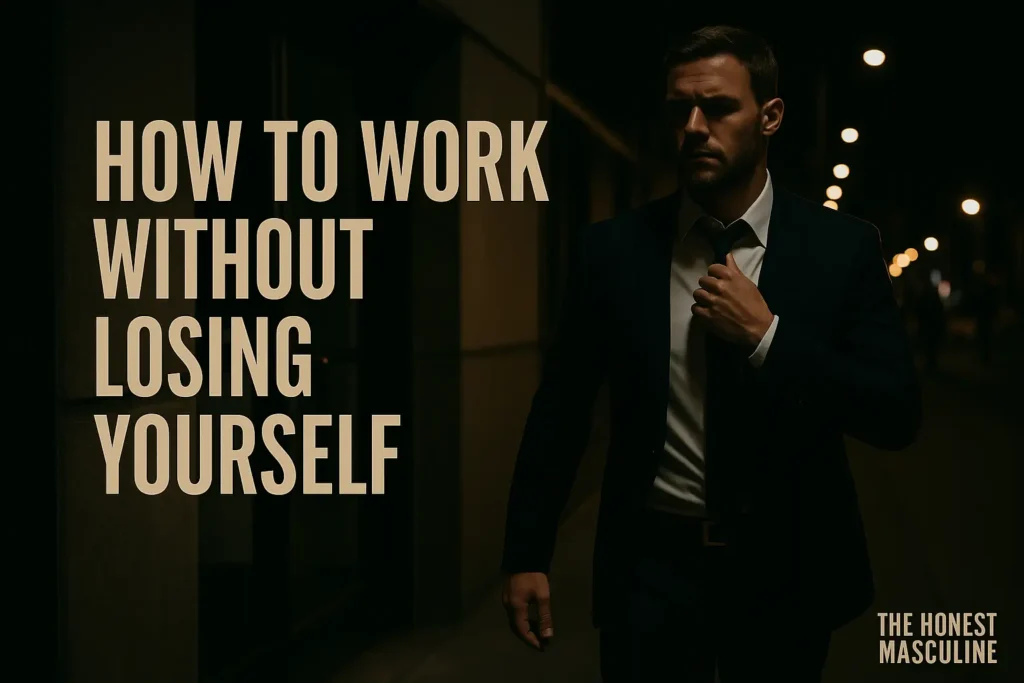 How to Work Without Losing Yourself — a man leaving an office building at night, loosening his tie, walking into streetlights, symbolizing boundaries and freedom from work identity.