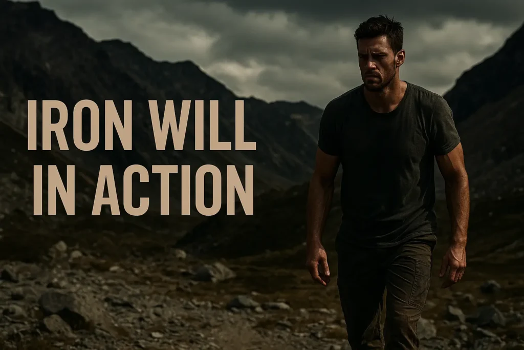 Iron Will in Action — A determined man walks through a rugged mountain landscape under stormy skies, symbolizing resilience, grit, and masculine strength in action.