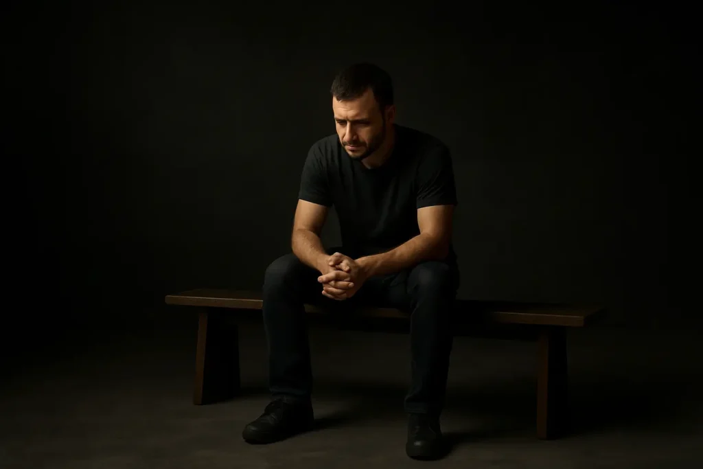 A man sits alone on a bench in a dark empty space, symbolizing how isolation destroys men