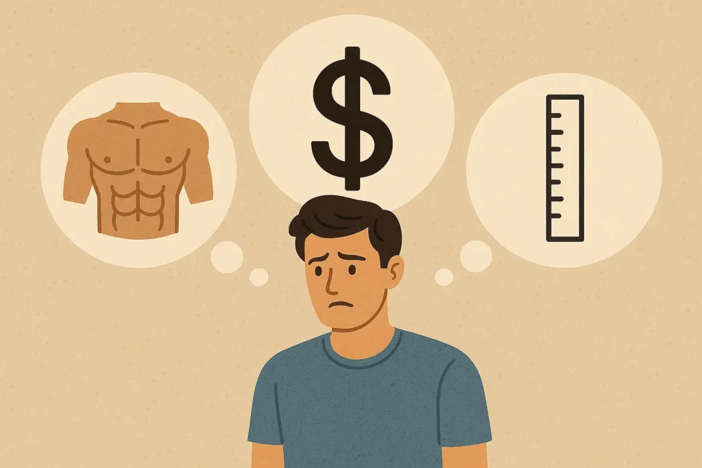 man overwhelmed by the six pack six figure six foot trap and social media standards