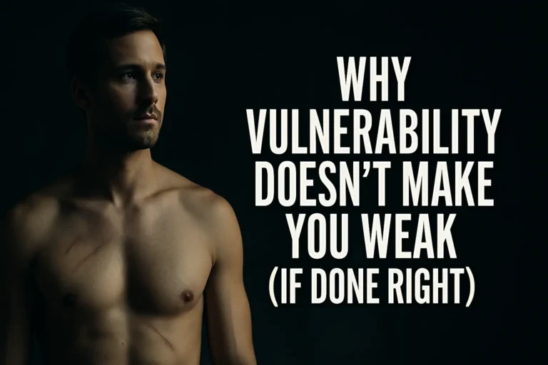 A man stands upright in dim light with faint scars visible, symbolizing strength through vulnerability.