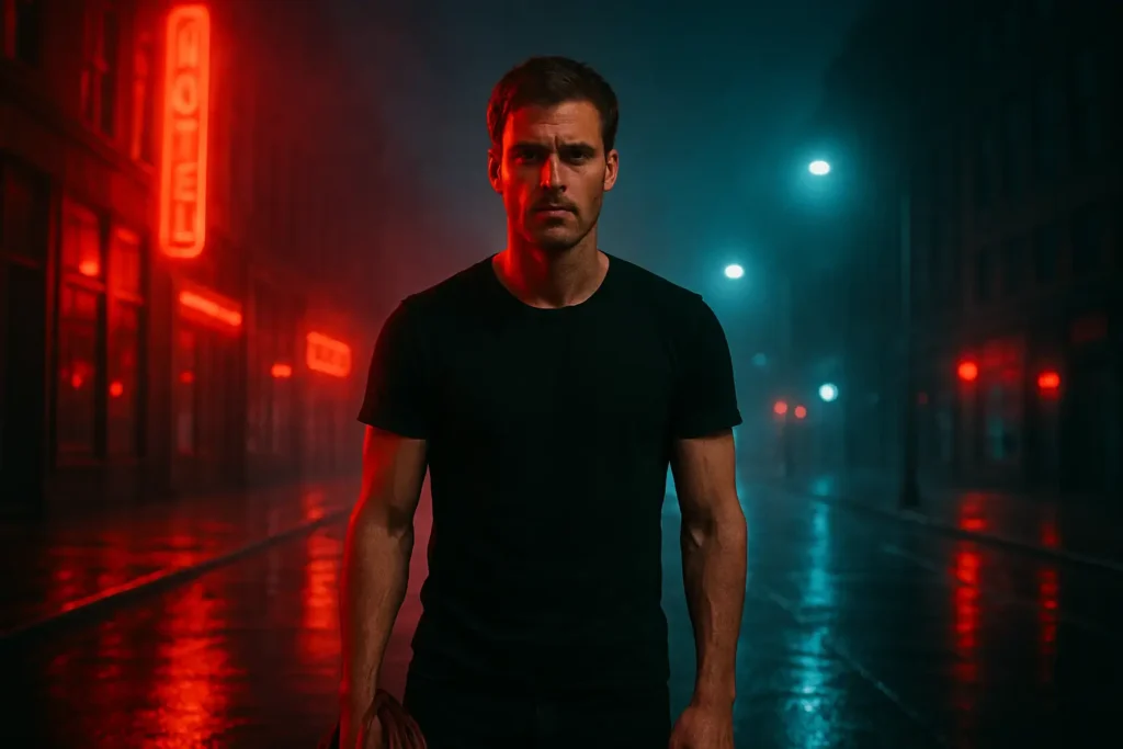 A man in a black t-shirt stands alone on a neon-lit foggy city street at night, holding a leather jacket, symbolizing solitude and rebuilding life after heartbreak.
