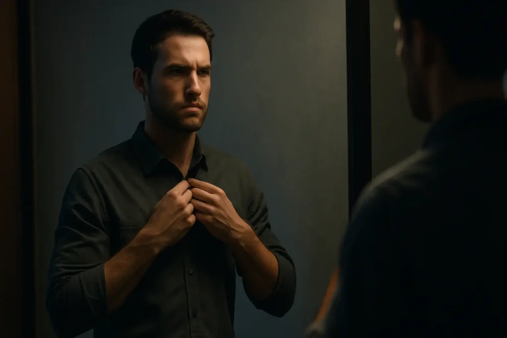 A man adjusts his shirt in front of a mirror with calm focus, symbolizing the masculine framework for vulnerability.