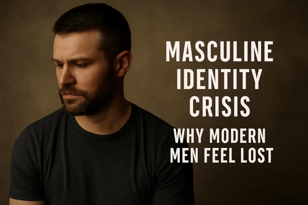 A thoughtful man looks downward with a serious expression, symbolizing the masculine identity crisis and why modern men feel lost.