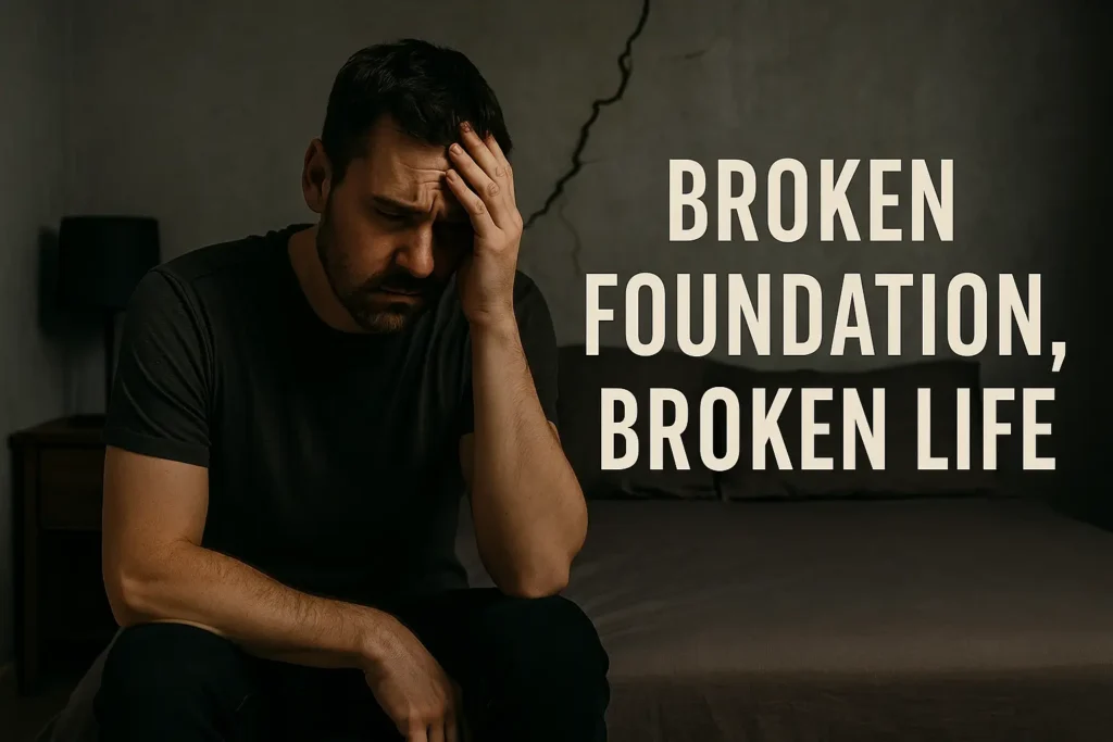 A man sits wearily in a dim room with his head in his hand, symbolizing the masculine power of raising standards instead of living without them.