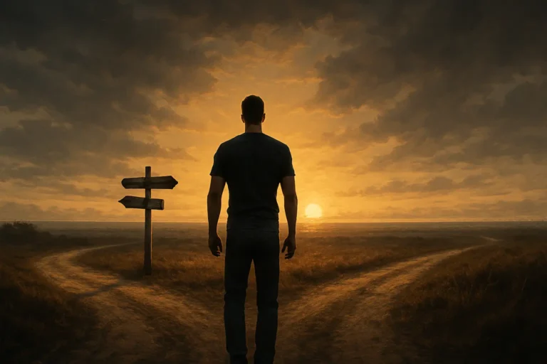 A man stands at a crossroads at sunrise, symbolizing masculinity in 2025 and the choice between purpose or pleasure.