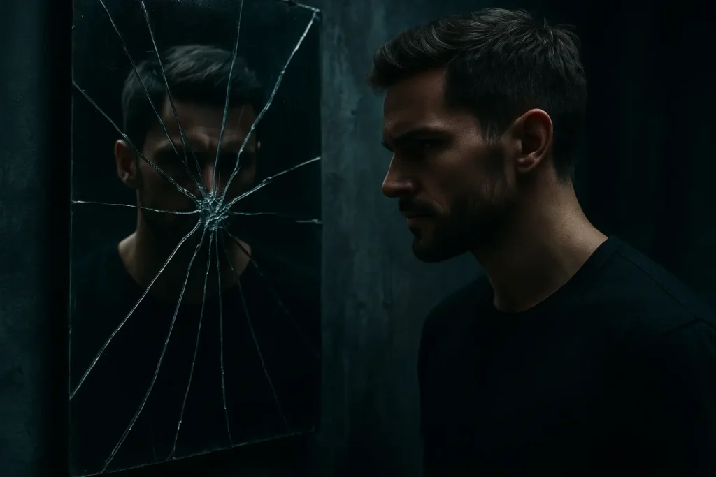 Masculinity Still Matters. A man staring into a cracked mirror, representing the self-worth crisis and masculinity struggles