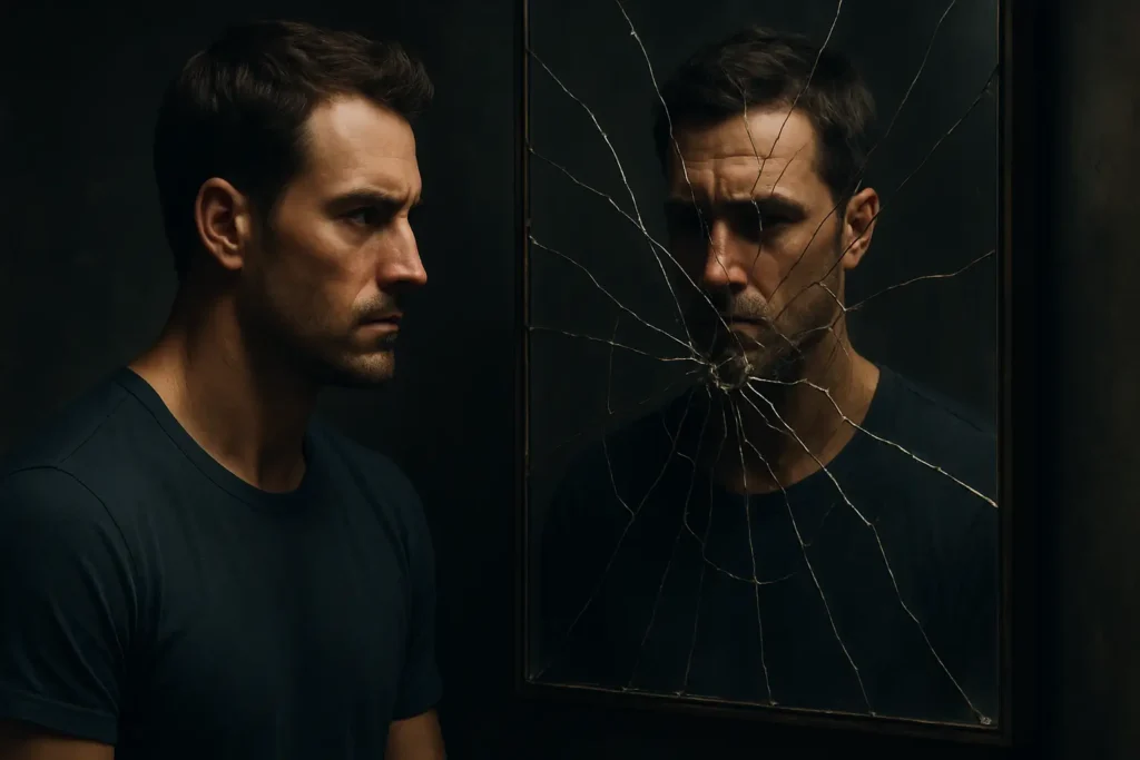 A man staring into a cracked mirror, symbolizing the illusion of confidence versus the foundation of self-worth.