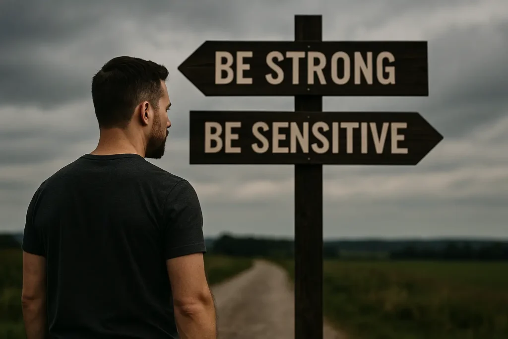 A man stands at a crossroads with two opposite signs, symbolizing the mixed cultural messages causing a masculine identity crisis.