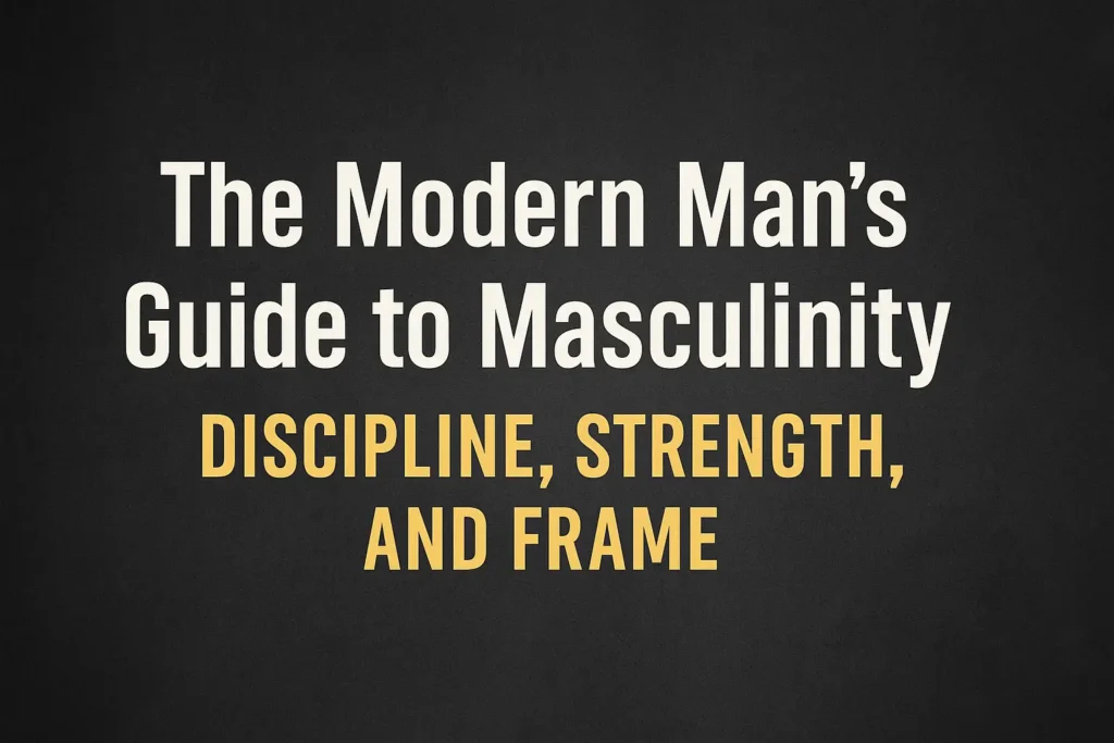 Dark minimalist hero graphic with bold white and gold text reading “The Modern Man’s Guide to Masculinity Discipline, Strength, and Frame” on a black textured background.