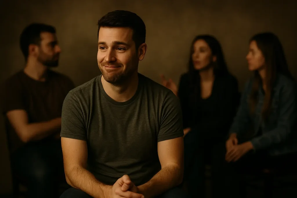 A man sits silently in a group, smiling politely but being overlooked, symbolizing the Nice Guy myth of seeking approval.