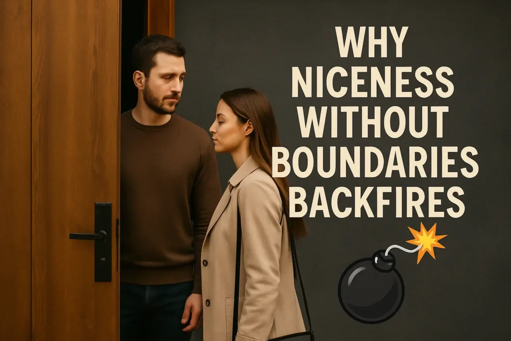 A man holds a door for a woman who ignores him, with bold text reading ‘Why Niceness Without Boundaries Backfires,’ symbolizing the failure of approval-seeking.