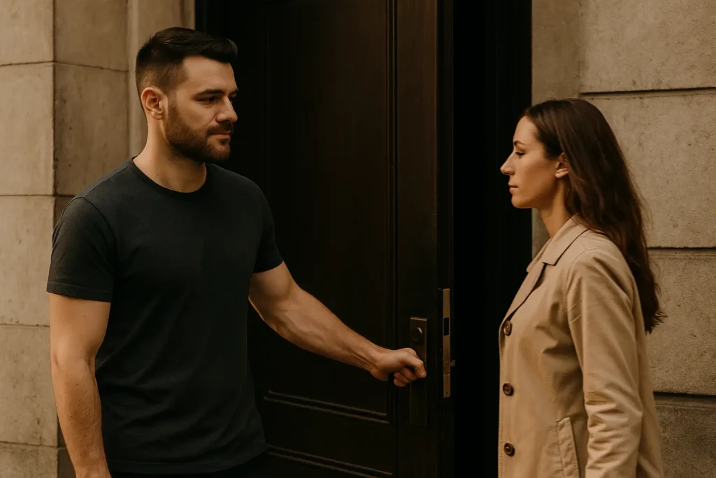 A man holds a door for a woman who ignores him, symbolizing why niceness without boundaries backfires.