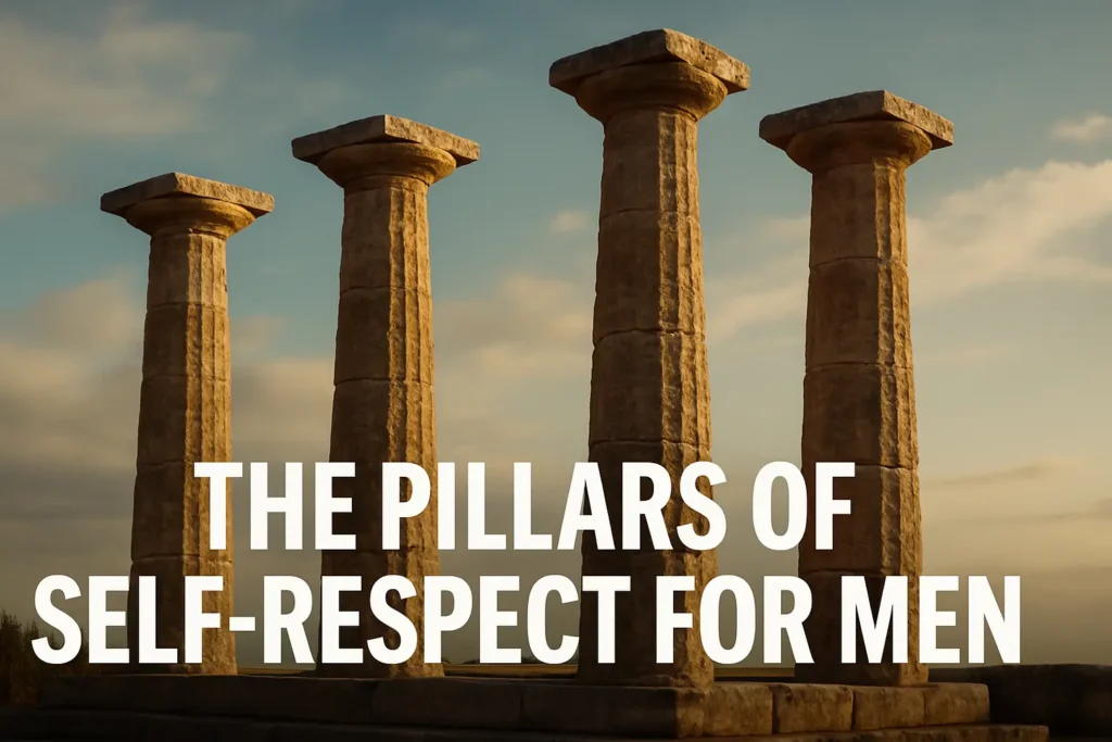 Four stone pillars stand strong in sunlight, symbolizing the foundations of self-respect for men.