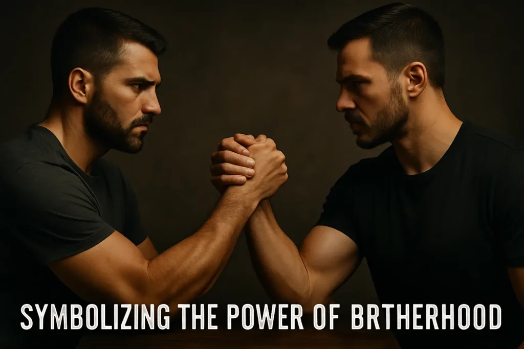 Two men grip each other’s forearms in a strong handshake, symbolizing the power of brotherhood.