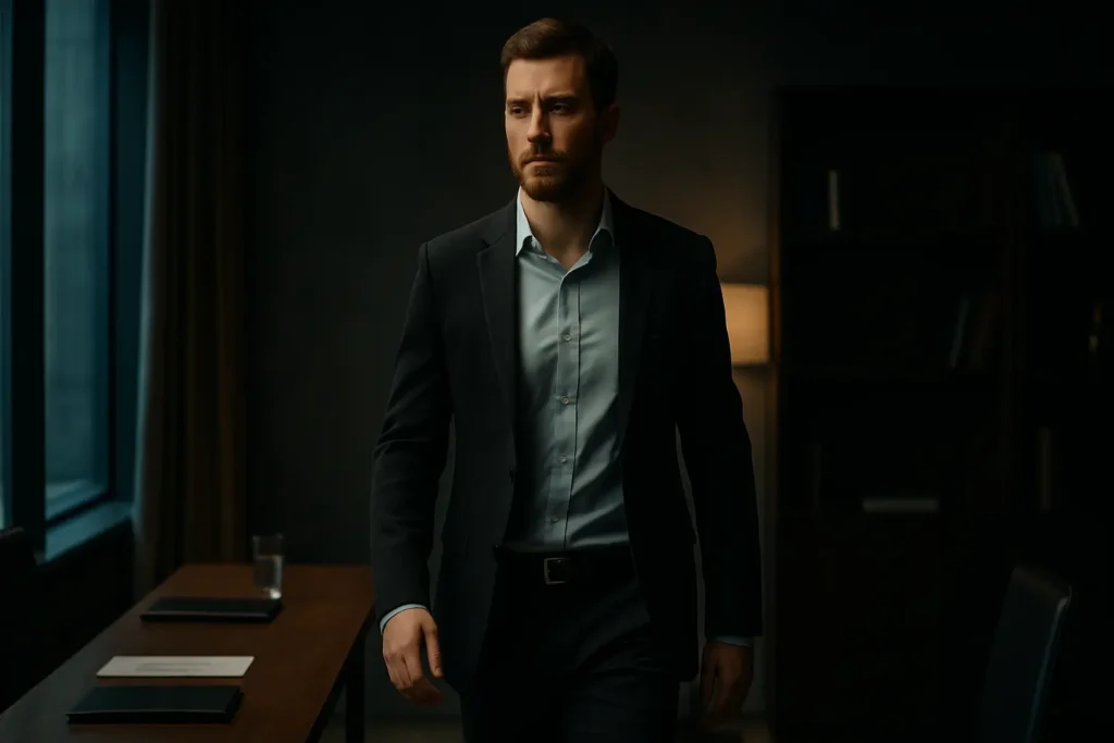 A man walks away from a negotiation table with calm confidence, symbolizing the power of detachment.