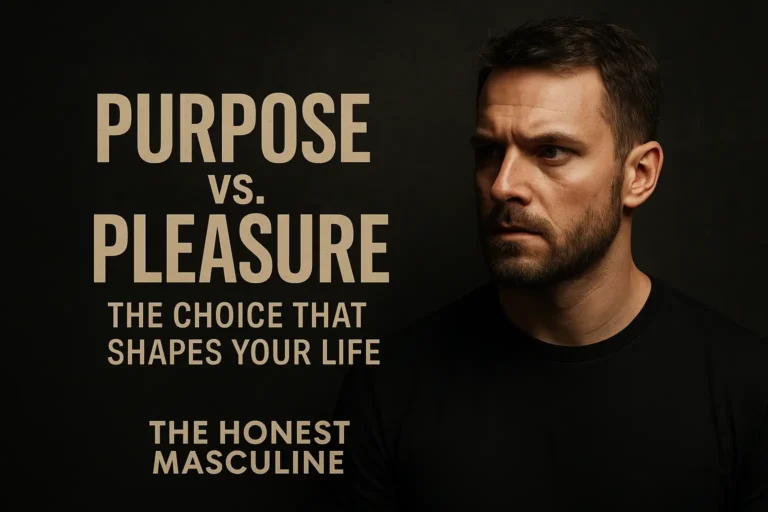 Purpose vs. Pleasure: The Choice That Shapes Your Life — A serious man with a beard and strong features stares with determination under dramatic lighting. Bold beige text and The Honest Masculine branding appear on a dark textured background.