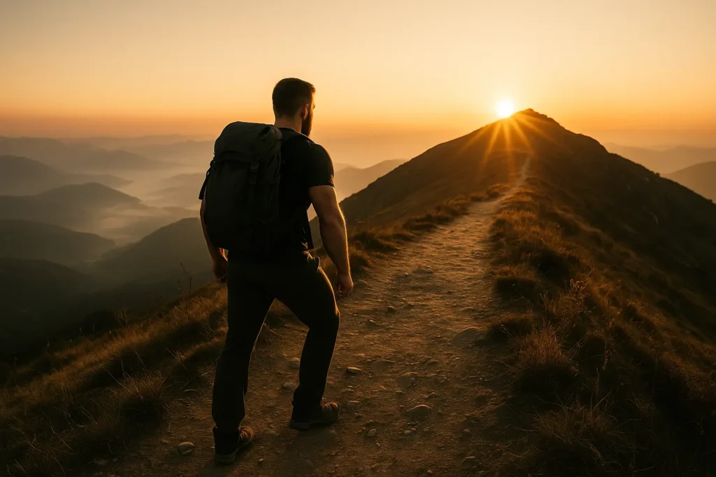 A man climbs a mountain trail at sunrise, symbolizing the rebuilding of masculine identity through timeless principles.
