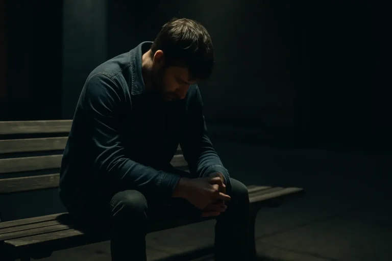 A man sits alone on a bench with his head lowered, symbolizing how deeply rejection affects men.