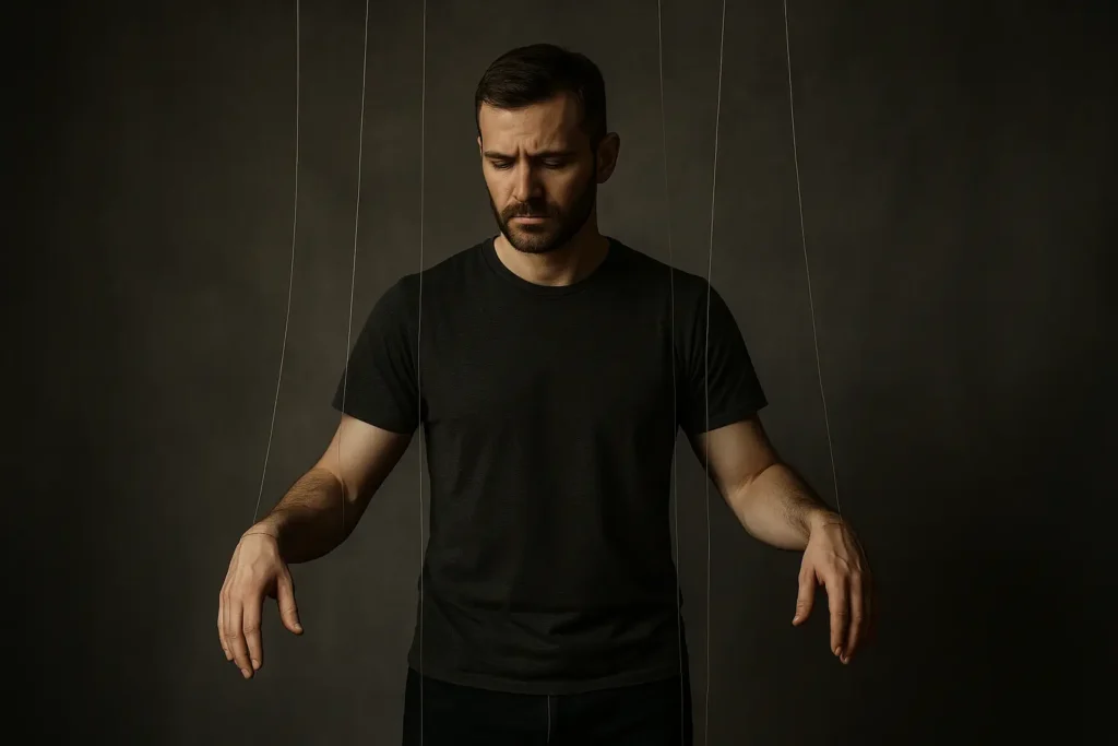 A man stands with faint puppet strings attached to his arms, symbolizing how shame warps male identity.
