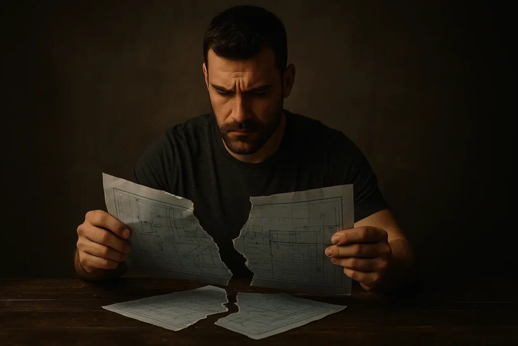 A man stares at a torn blueprint, symbolizing the collapse of traditional masculine roles in the masculine identity crisis.