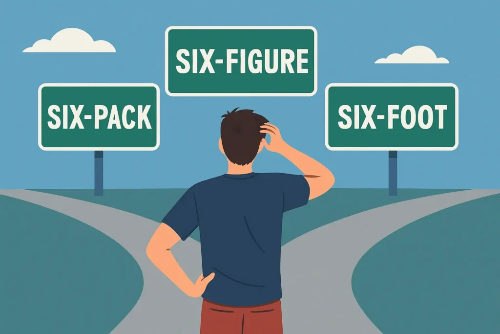 short man facing crossroads of the six pack six figure six foot trap in dating and life