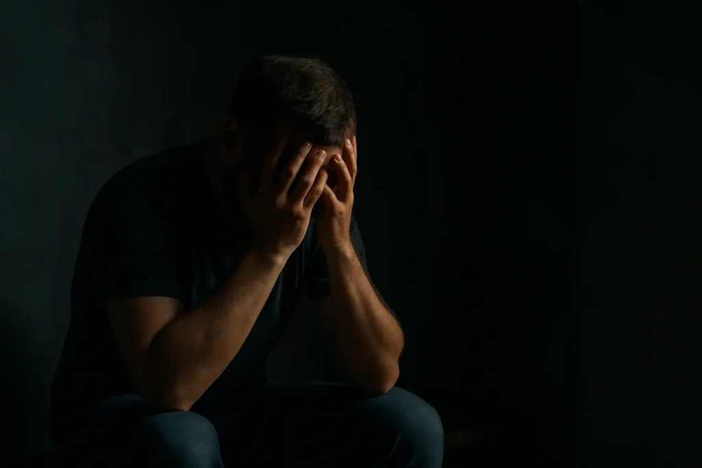 A man sits in a dark room with his head in his hands, symbolizing the silent costs of shame and male identity.