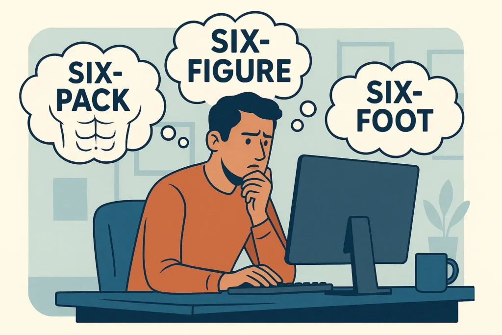 stressed man facing the six pack six figure six foot trap while working at desk