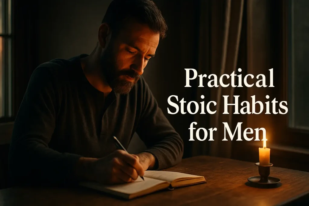 A man journals at dawn with a candle, symbolizing practical Stoic habits for men.
