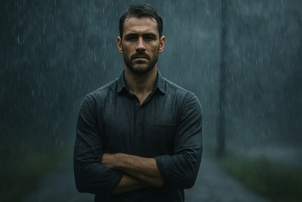 A man stands calm in the rain, symbolizing Stoicism as emotional mastery.