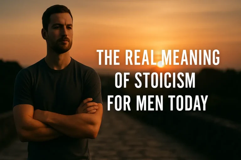 A man stands tall on a stone path at sunrise, symbolizing calm strength and Stoicism for men today.