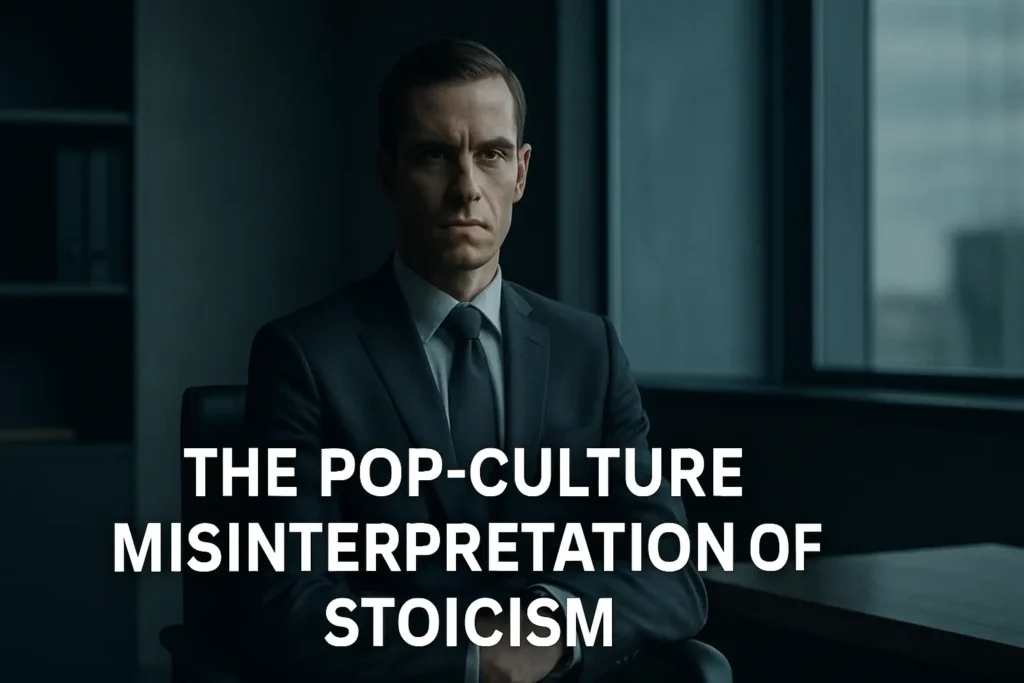 A man with a stone-faced expression sits alone in an office, symbolizing the pop-culture misinterpretation of Stoicism.