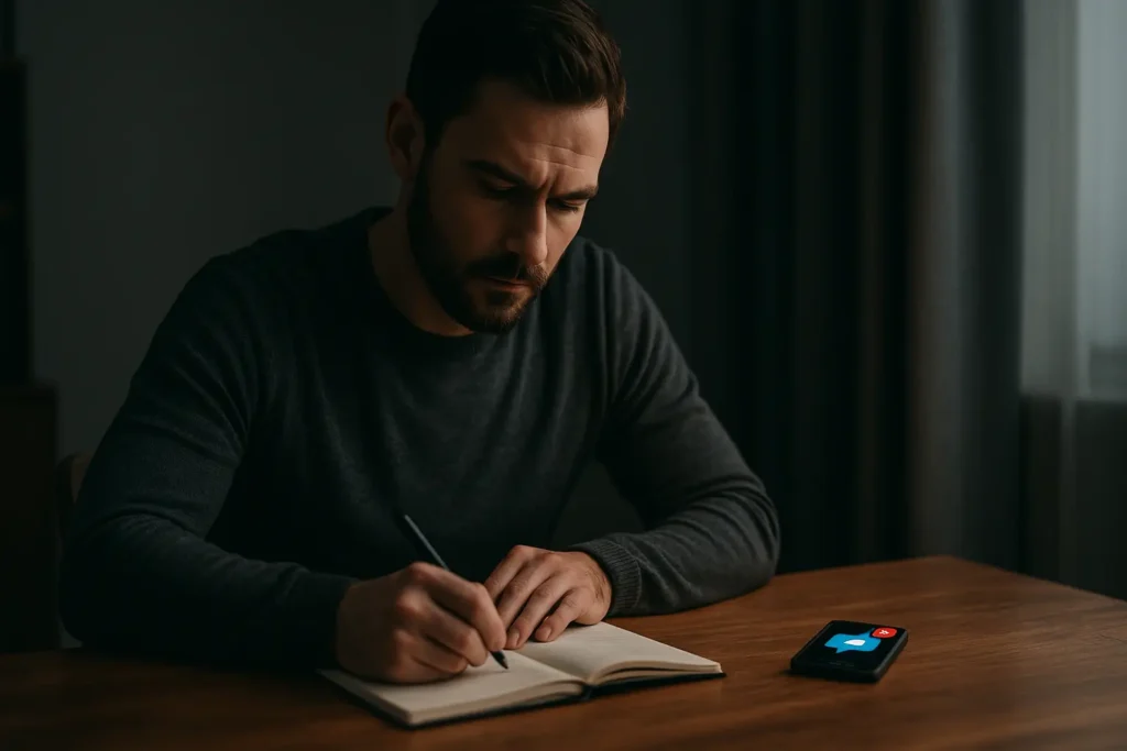 Stoicism. A man ignores flashing notifications while working calmly, symbolizing Stoicism vs. modern masculinity.
