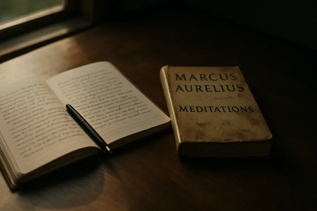 A journal and Marcus Aurelius’ Meditations sit on a desk, symbolizing what Stoicism really teaches.