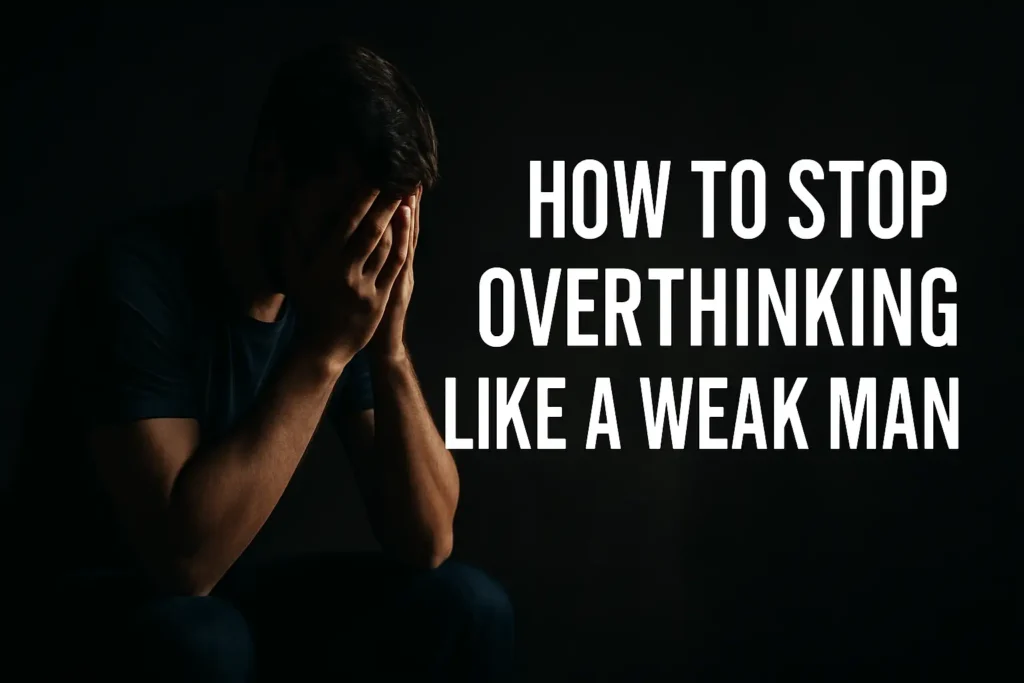 A man sits alone in a dim room with his head in his hands, symbolizing the mental trap of overthinking.