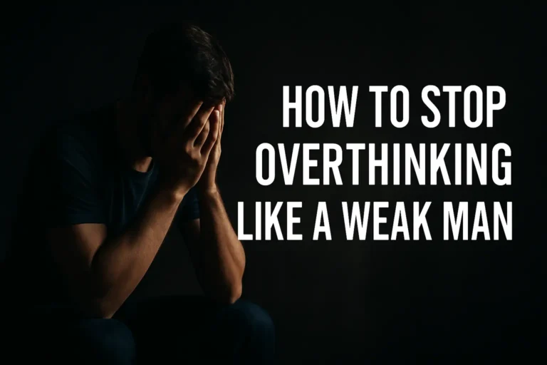 A man sits alone in a dim room with his head in his hands, symbolizing the mental trap of overthinking.