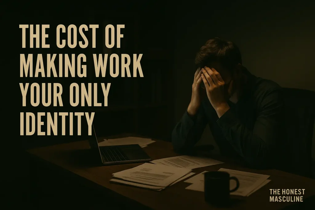 The Cost of Making Work Your Only Identity — a man alone at a desk late at night, head in his hands, symbolizing burnout, emptiness, and collapse from overwork.