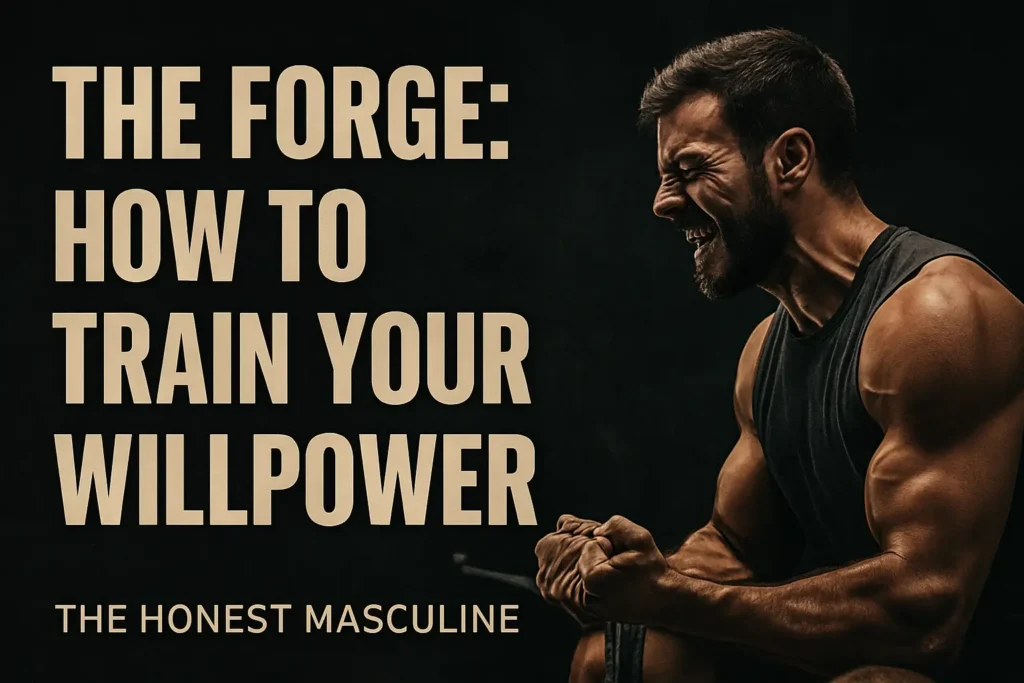 The Forge: How to Train Your Willpower — A muscular man pushes through an intense workout with grit and determination under dramatic lighting, symbolizing discipline, resilience, and building an iron will.