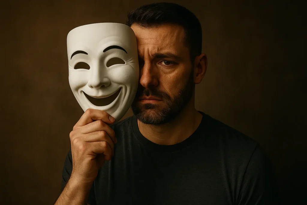 A man wears a half-smiling mask while hiding sadness, symbolizing the mask men use when pretending they’re fine.
