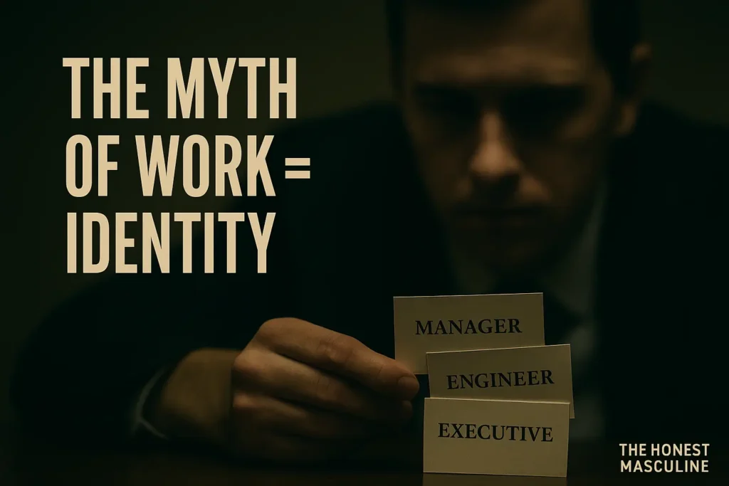 The Myth of Work = Identity — a man staring at a stack of business cards labeled Manager, Engineer, Executive, symbolizing how men confuse job titles with masculine identity.