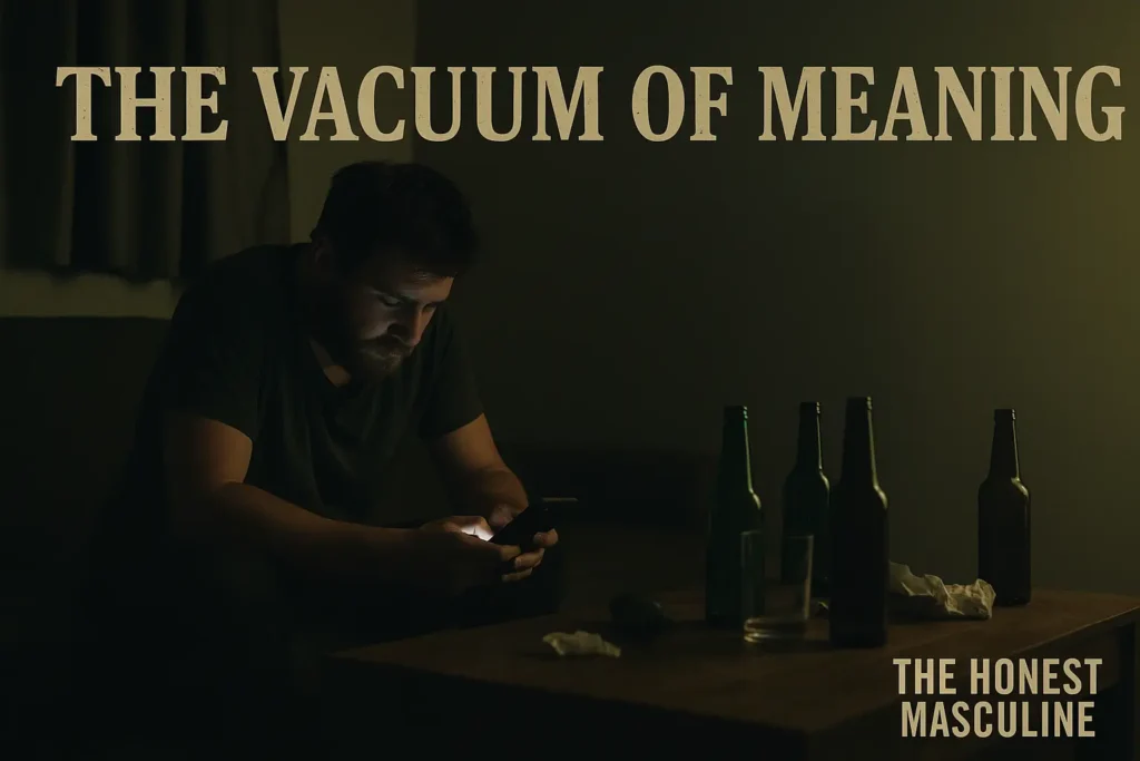 Men Without Purpose The Vacuum of Meaning — a man slumped in a dimly lit room staring at his phone, surrounded by clutter, symbolizing distraction without purpose.