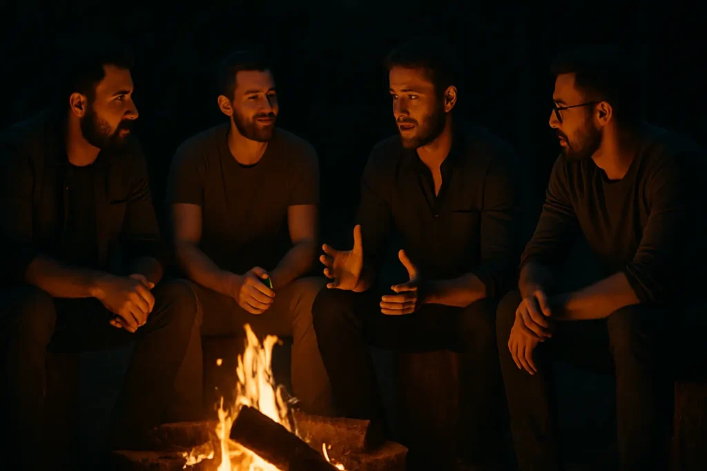 A group of men sit around a fire at night, symbolizing brotherhood as a place for male vulnerability.