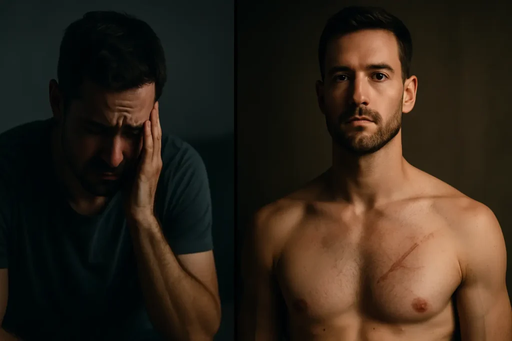 Split image showing weak vulnerability (desperate, slouched) versus strong vulnerability (calm, upright, scars visible).